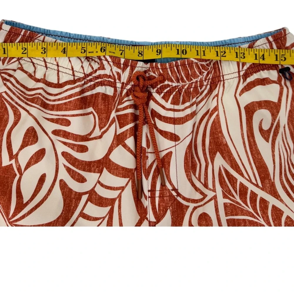 Cova Mens‎ Swim Trunks Rust Orange Tribal Leaf Print Mesh Lined Board Shorts  L